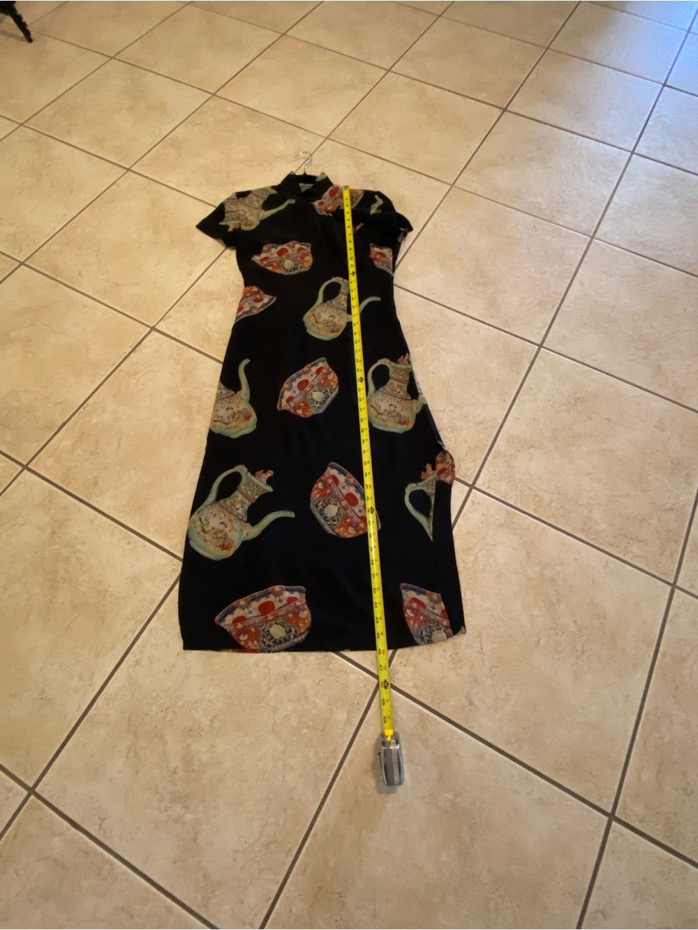 Black 100% Pure Silk Tea Pot Print Midi Dress with Mandarin Collar - Picture 10 of 12